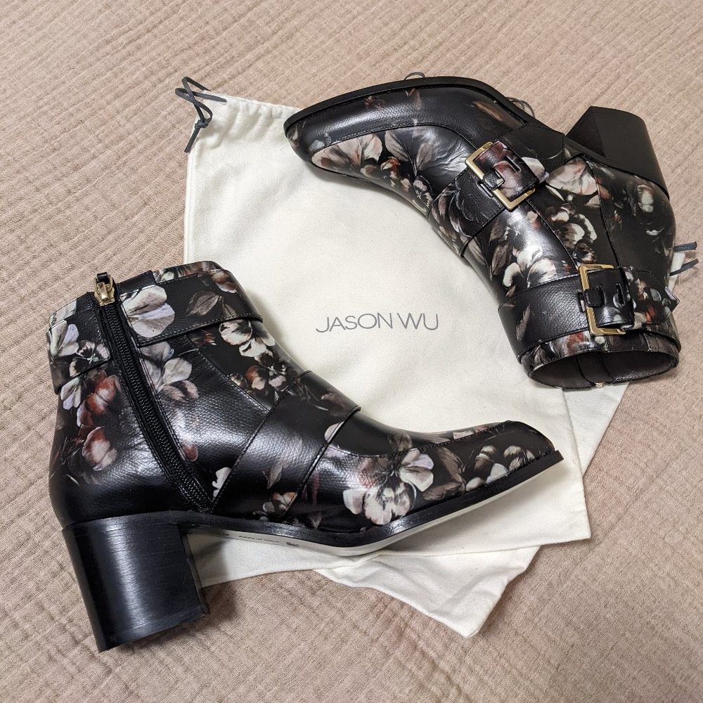 Jason Wu Black Leather Boots with Floral Print